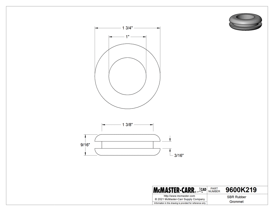 Technical Drawing of SBR Rubber Grommet, for 1-3/8" Hole Diameter and 3/16" Material Thickness .